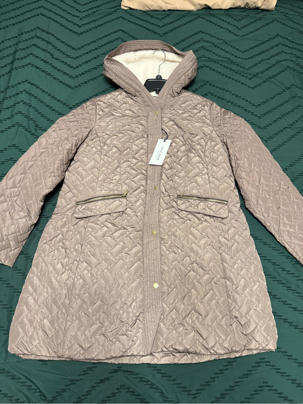 NWT Cole Haan Signature Quilted Hooded Coat XL Taupe Gold Hardware